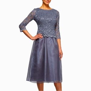 Alex Evenings Blue Smoke Embellished Lace Tea Length Cocktail Dress Gown 10P